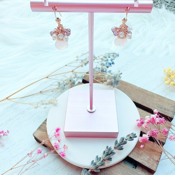 New Rose Quartz with Tiny Gemstones Cluster Earrings | Handmade in BC - Picture 3 of 4